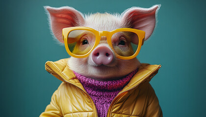 A stylish pig in a vibrant yellow jacket and oversized sunglasses, perfect for playful design projects, social media campaigns, or quirky marketing materials.
