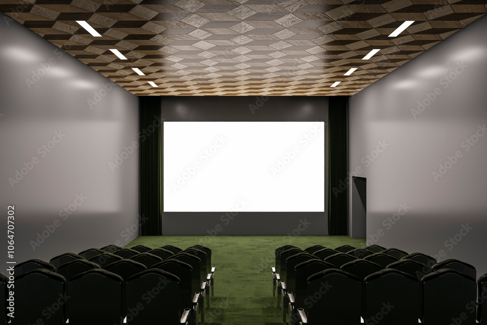Poster modern green carpet cinema hall with empty white mock up place on screen. 3d rendering.