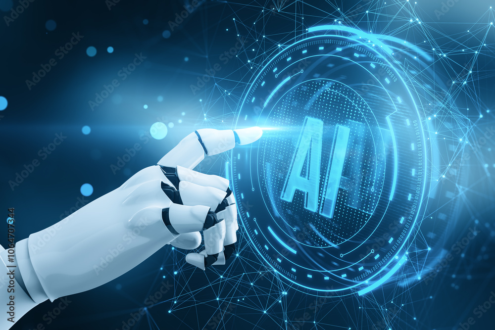Fototapete close up of robot hand pointing at abstract ai hologram on blurry blue background. robotics, artific