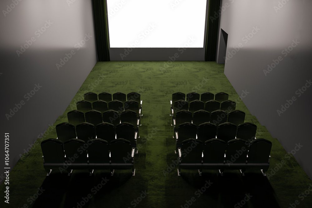 Poster Modern green carpet cinema hall with empty white mock up place on screen. 3D Rendering.