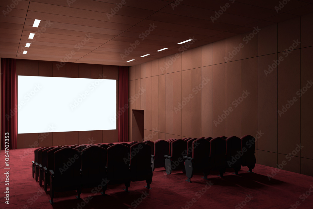 Poster modern red carpet wooden cinema hall with empty white mock up place on screen. 3d rendering.