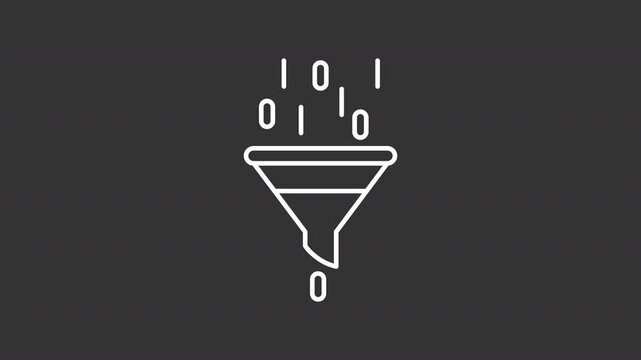 Data filtering white line animation. Digital funnel animated icon. Falling digits. Computer science, analysis. Isolated illustration on dark background. Transition alpha video. Motion graphic