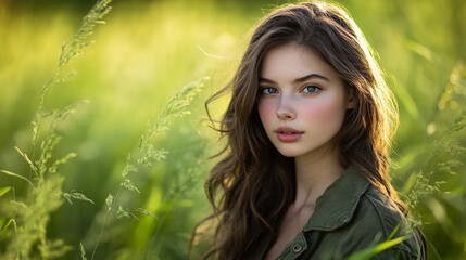 Naklejka premium A young woman with flowing hair poses gracefully in a sunlit field during the golden hour