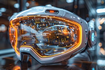Futuristic looking pair of goggles with a glowing orange lens. The goggles are designed to be worn over the eyes and are equipped with a screen that displays a virtual reality environment