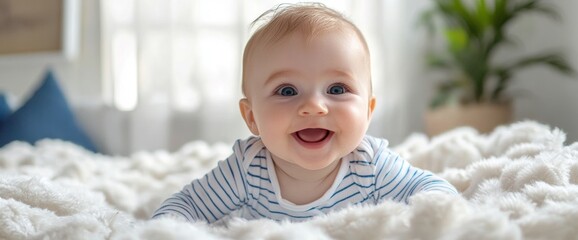 A cheerful baby with blue eyes and a big smile is lying on a fluffy blanket in a sunlit living room, surrounded by soft textures and a hint of greenery