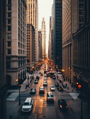A bustling city street at sunset, showcasing tall buildings and busy traffic.