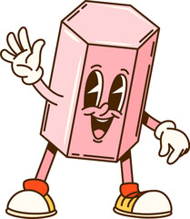 Groovy math geometric hexagonal prism figure character. Isolated cartoon vector playful educational personage for children geometry learning, with a pink color, joyful face expression and funky vibe