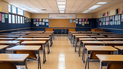 Empty Classroom with Wooden Desks and Chairs