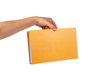 Blank book cover in hand on transparent background.