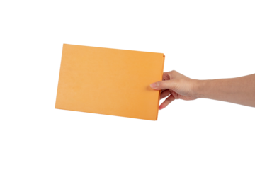 Blank book cover in hand on transparent background.