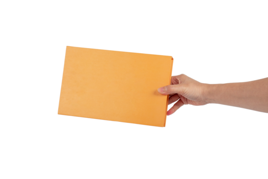 Blank book cover in hand on transparent background.