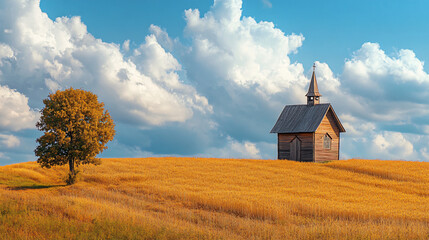 Fototapeta premium A charming wooden chapel surrounded by golden fields under a cloudy sky.