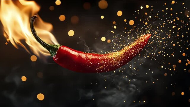 A vibrant chili pepper in motion, surrounded by flames and sparkles, adding energy and enthusiasm to the scene