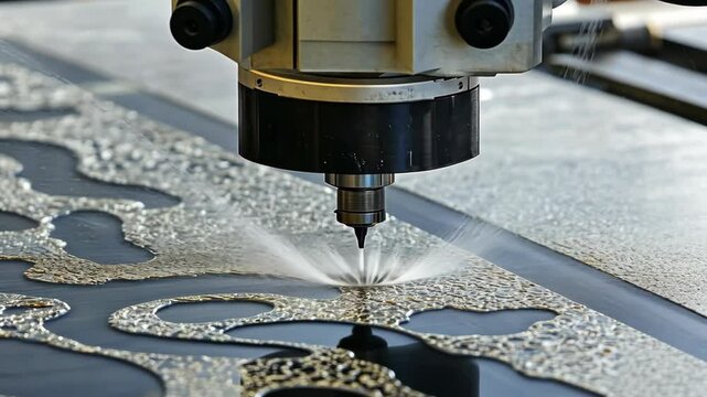 A waterjet cutter carves a intricate design into a sheet of metal