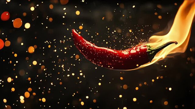 A vibrant chili pepper in motion, surrounded by flames and sparkles, adding energy and enthusiasm to the scene