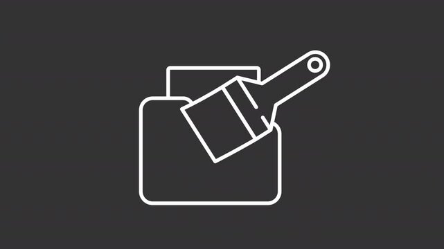 Data cleaning white line animation. Documentation management animated icon. Moving paint brush, paper. Isolated illustration on dark background. Transition alpha video. Motion graphic