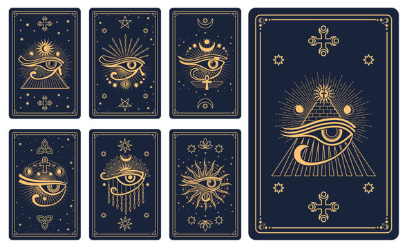 Magic tarot cards with mystic, esoteric, occult and astrology symbols in vector line celestial frames. Spiritual tarot cards back set with gold geometric pattern, Moon, eye of Horus and ankh symbols