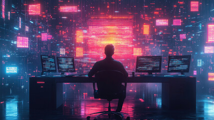 Silhouettes of tech savvy individuals, desks, and computers