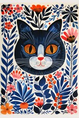 cat face designed in folk art with floral motifs