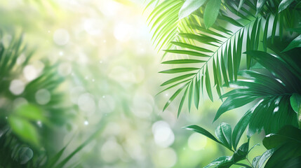 Lush green foliage glistening in sunlight within a serene rainforest setting