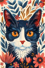 Decorative aesthetics: cat face in folk style with vibrant colors