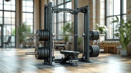 Fototapeta premium 4K image of a fully loaded Smith machine with multiple weight plates attached.