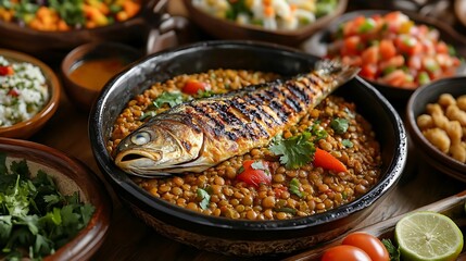 Grilled Fish with Lentils and Tomatoes - Food Photography