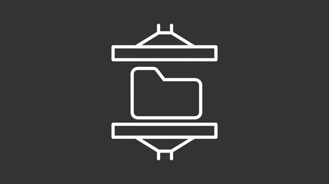 Compressed data white line animation. Information management animated icon. Moving industrial press. Shaking folder. Isolated illustration on dark background. Transition alpha video. Motion graphic