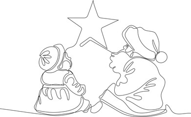 Outlined Cute Santa Claus Cartoon Character With A Sack Full Of Gifts. Vector Hand Drawn Illustration. One continuous line drawing Santa Claus on reindeer and sled. concept for Christmas and New Year