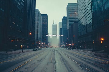 Fototapeta premium A quiet urban street scene with tall buildings and a misty atmosphere.
