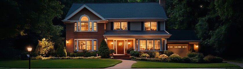Fototapeta premium Charming suburban house bathed in warm sunset light, creating a serene and inviting atmosphere.
