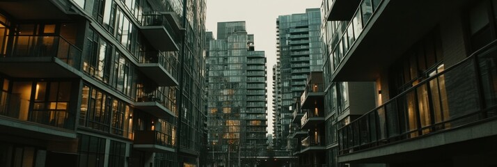 Urban landscape featuring modern residential buildings with glass balconies and evening lighting.