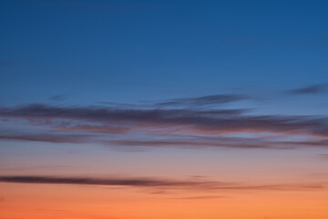 Beautiful sunset and sunrise. Dark moody blue and orange sunset sky. Natural background. Simple background sky for poster or mock up. Soft focus.
