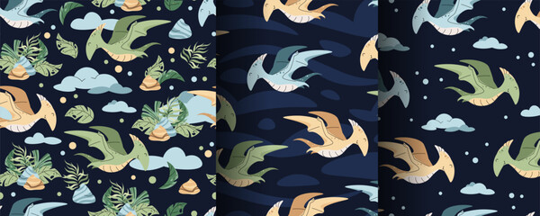 Set of Seamless patterns with cute dinosaurs in flat style. Endless texture with flying pterodactyl with clouds and tropical plants. Childish background for fabric, wallpaper, wrapping paper © Siawi_art