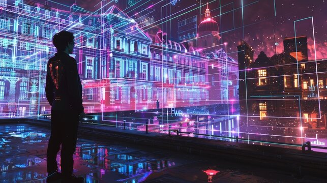 Futuristic urban setting  human strategist engaged with holographic data in a dynamic cityscape