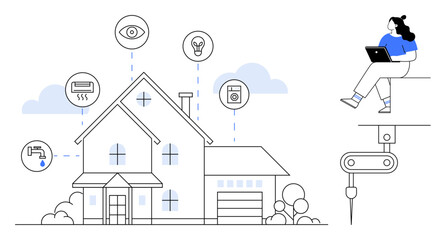 Fototapeta premium Person using laptop to control smart home devices like security, lighting, heating, and appliances. Ideal for home automation, technology integration, remote control, smart living, energy efficiency