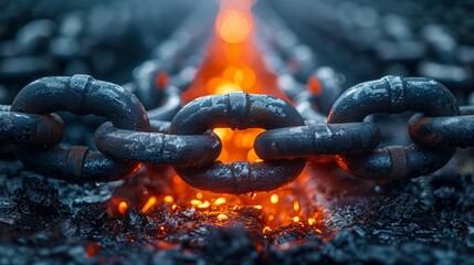Glowing molten metal illuminates heavy, rusted chain links, showcasing the raw power and craftsmanship of nighttime industrial work
