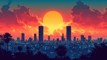 Fototapeta premium Retro Tel Aviv Skyline Sunset Illustration