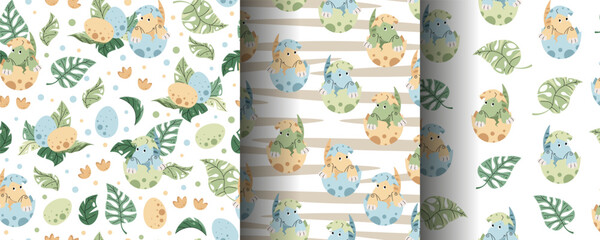 Set of Seamless patterns with cute dinosaurs in an egg in flat style. Endless texture with hatched baby dinosaur and tropical plants. Childish background for fabric, wallpaper, wrapping paper © Siawi_art