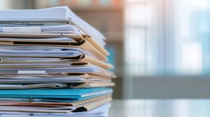 Business Documents Stack, a chaotic assortment of paperwork reflects the complexities of modern business administration, surrounded by an indistinct, cluttered workspace.