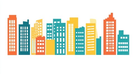 A colorful skyline illustration featuring various stylized buildings.