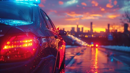 Beneath a stunning sunset, a police vehicle casts blue and red light reflections on the wet roadway, creating a dramatic atmosphere against the urban skyline