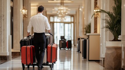 Man walking through a luxury hotel lobby with multiple luggage pieces in the early afternoon light