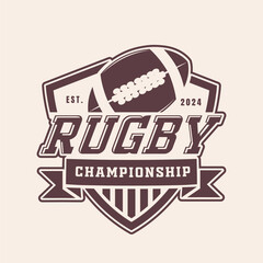 Logo emblem of rugby competition. rugby emblem on the background of circle. Sports club, team logo template. Badge, icon, ball, shield. Isolated vector illustration.