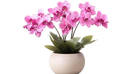 A pink orchid in a ceramic pot.