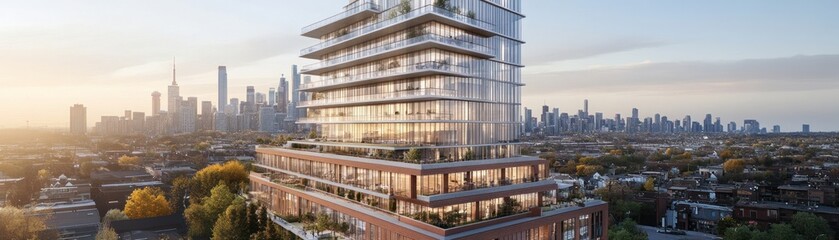 A modern architectural building with greenery, overlooking a city skyline at sunset.