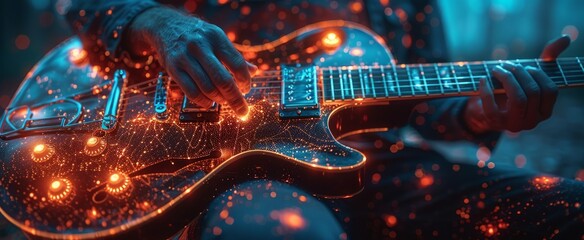 Obraz premium A musician skillfully plays an electric guitar that emits a warm glow, surrounded by colorful, sparkling particles in a dynamic atmosphere