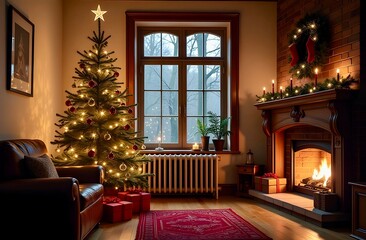 Cozy, rustic, welcoming, atmospheric living room which has a fireplace decorated with Christmas décor, Christmas tree, gifts and a window.