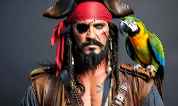 A pirate stands confidently with a colorful parrot on his shoulder in an artistic display of character and spirit during autumn