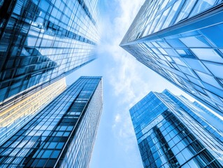 A view of modern skyscrapers reflecting the sky, showcasing urban architecture.